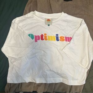 FARM RIO “OPTIMISM” RAINBOW TEXT CROP TEE S